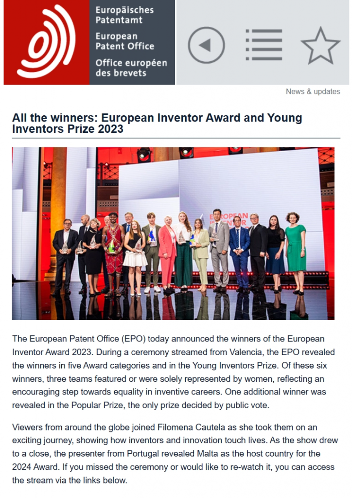 宁德时代团队获得 2023 年欧洲发明家奖